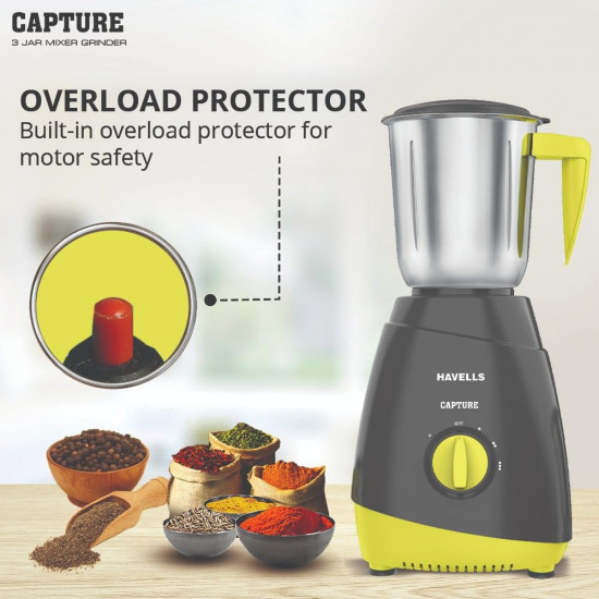Havells Capture 500W 3 Jar Mixer Grinder High Speed 21000 RPM Motor 304 SS Blades 5 Years Motor Warranty with Overload Protector 15 Ltr Bigger Size Blending Jar I Grey  Green