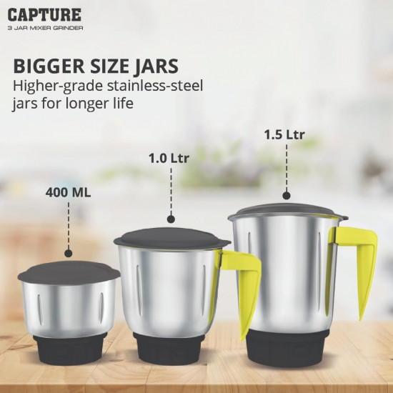 Havells Capture 500W 3 Jar Mixer Grinder High Speed 21000 RPM Motor 304 SS Blades 5 Years Motor Warranty with Overload Protector 15 Ltr Bigger Size Blending Jar I Grey  Green