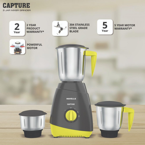 Havells Capture 500W 3 Jar Mixer Grinder High Speed 21000 RPM Motor 304 SS Blades 5 Years Motor Warranty with Overload Protector 15 Ltr Bigger Size Blending Jar I Grey  Green