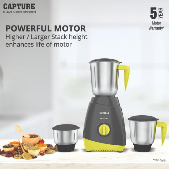 Havells Capture 500W 3 Jar Mixer Grinder High Speed 21000 RPM Motor 304 SS Blades 5 Years Motor Warranty with Overload Protector 15 Ltr Bigger Size Blending Jar I Grey  Green