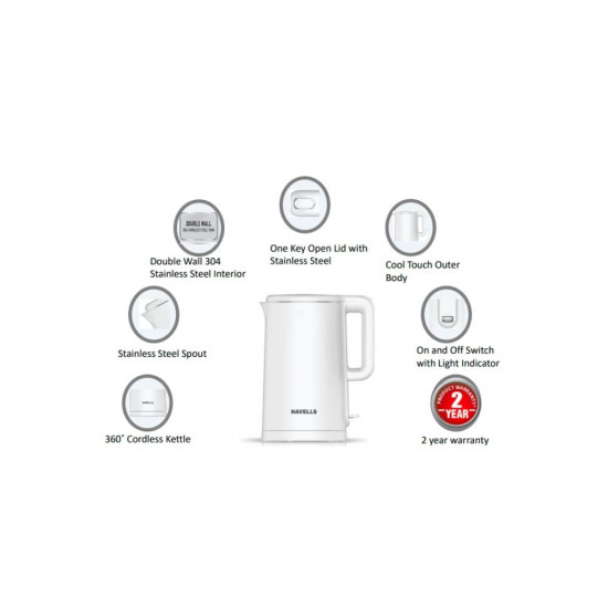 Havells Caro 1.5 litre Double Wall, 304 Stainless Steel Inner Body, Cool touch outer body, Wider mouth, 2 Year warranty (White, 1250 Watt)