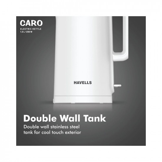 Havells Caro 1.5 litre Double Wall, 304 Stainless Steel Inner Body, Cool touch outer body, Wider mouth, 2 Year warranty (White, 1250 Watt)