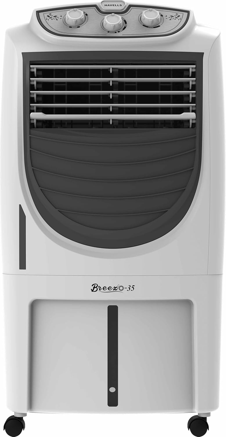 Havells Celia Breezo 35L Air Cooler for home  Powerful Air Delivery  Everlast Pump  Fully Collapsible Louvers  Cord Winding Station at Rear  High Density Honeycomb Pads  Heavy Duty WhiteGrey