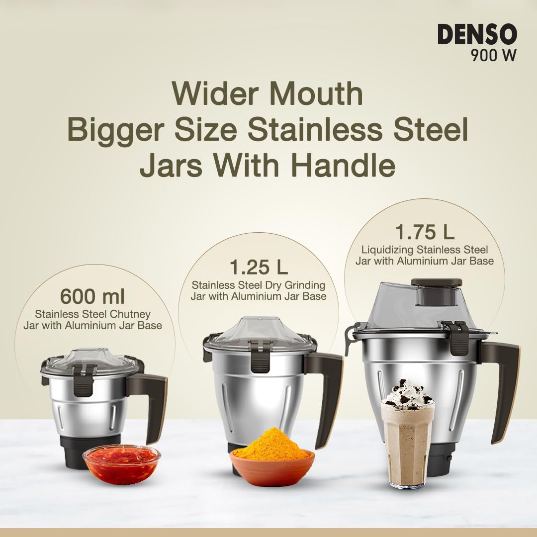 Havells Denso Heavy Duty 900 Watts 3 Jar Mixer Grinder Ball Bearing Copper Motor 21000 RPM Large Size Break Resistant Alluminium Collar Jars with Flow Breaker 5Years Motor Warranty Dark Brown