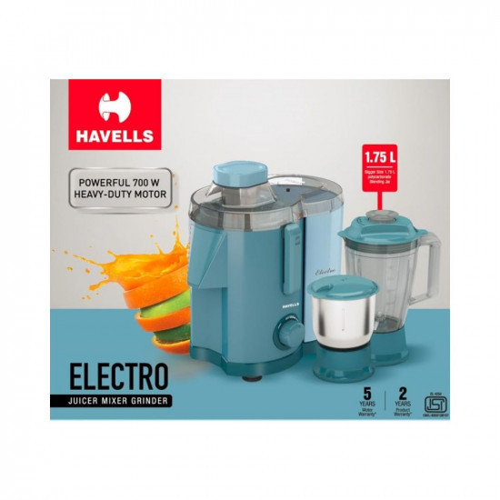 Havells Electro 2 Jar 700 Watts Heavy Duty Juicer Mixer Grinder21000 Rpm2L Detachable Pulp ContainerLarge Size 175Ltr Polycarbonate Blending Jar2 Yr Product Warranty  5 Yr Motor Warranty Blue
