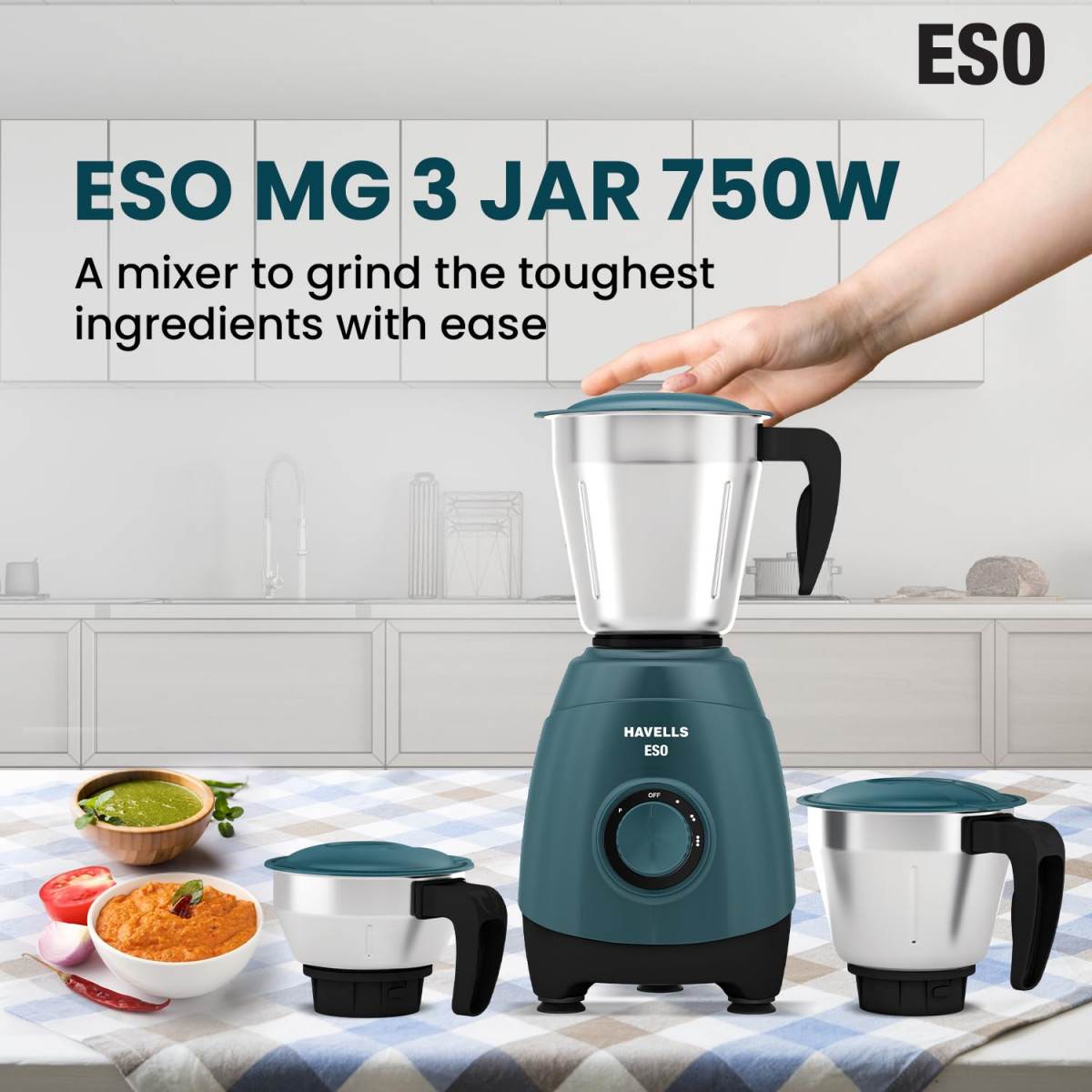 Havells ESO 750 watts 3 JAR Mixer Grinder 304 SS Blades High Speed 21000 RPM motor Heavy and Wider mouth SS Jars All Jars with Handle 2 Year Product  5 Year Motor Warranty Teal  ABS