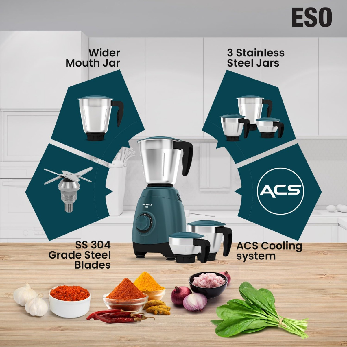Havells ESO 750 watts 3 JAR Mixer Grinder, 304 SS Blades, High Speed 21000 RPM motor, Heavy and Wider mouth SS Jars, All Jars with Handle, 2 Year Product & 5 Year Motor Warranty (Teal) | ABS