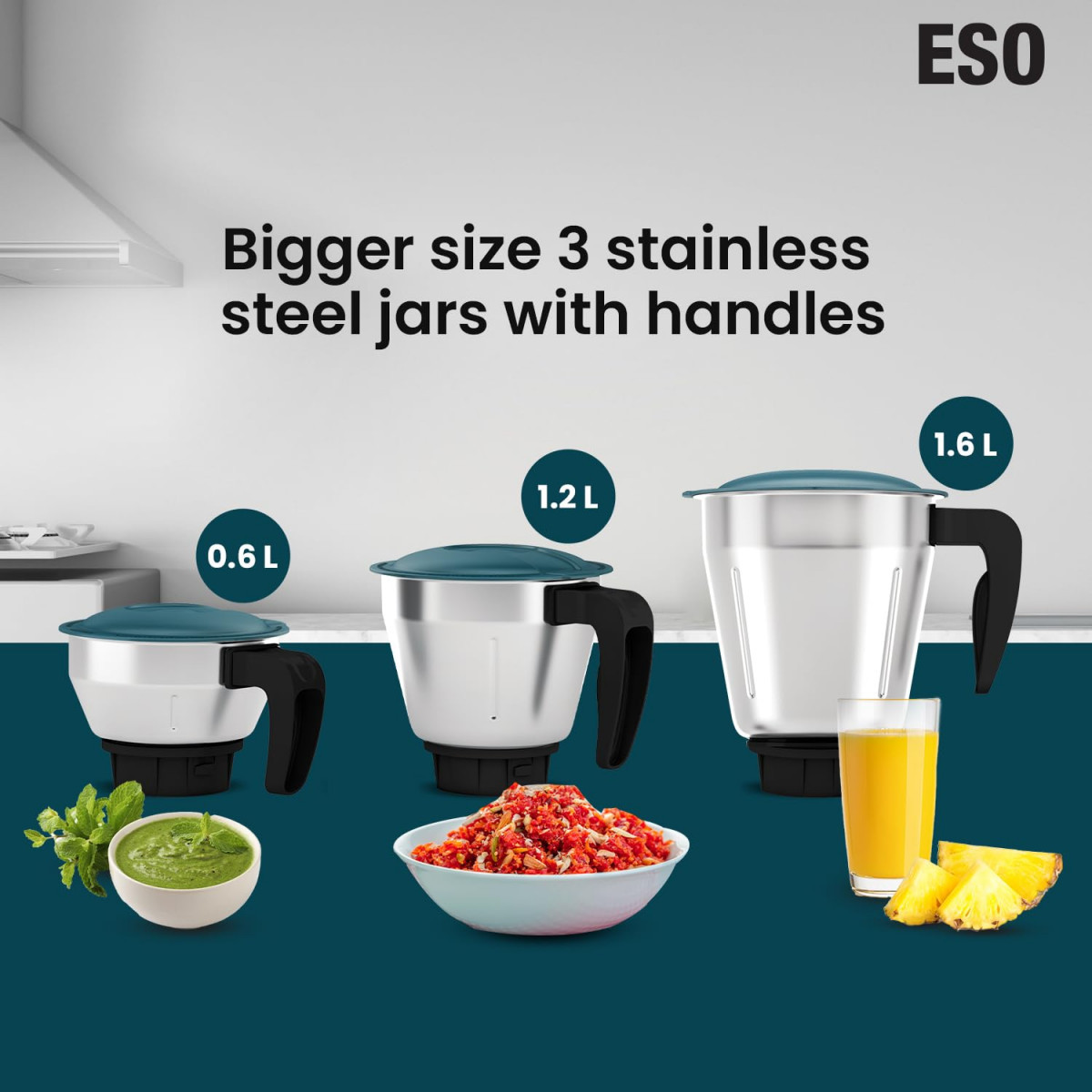 Havells ESO 750 watts 3 JAR Mixer Grinder 304 SS Blades High Speed 21000 RPM motor Heavy and Wider mouth SS Jars All Jars with Handle 2 Year Product  5 Year Motor Warranty Teal  ABS