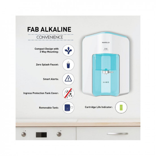 Havells Fab Alkaline Water Purifier, First corner mounting design (Patented)|Copper+Zinc+Alkaline+Natural Minerals|7 Stage Purification|7L Transparent Tank|Filter alert|RO+UV Tech. (White & Sky Blue)