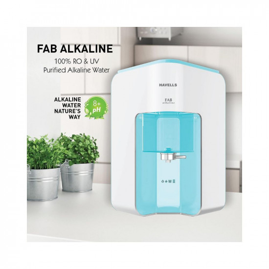 Havells Fab Alkaline Water Purifier, First corner mounting design (Patented)|Copper+Zinc+Alkaline+Natural Minerals|7 Stage Purification|7L Transparent Tank|Filter alert|RO+UV Tech. (White & Sky Blue)