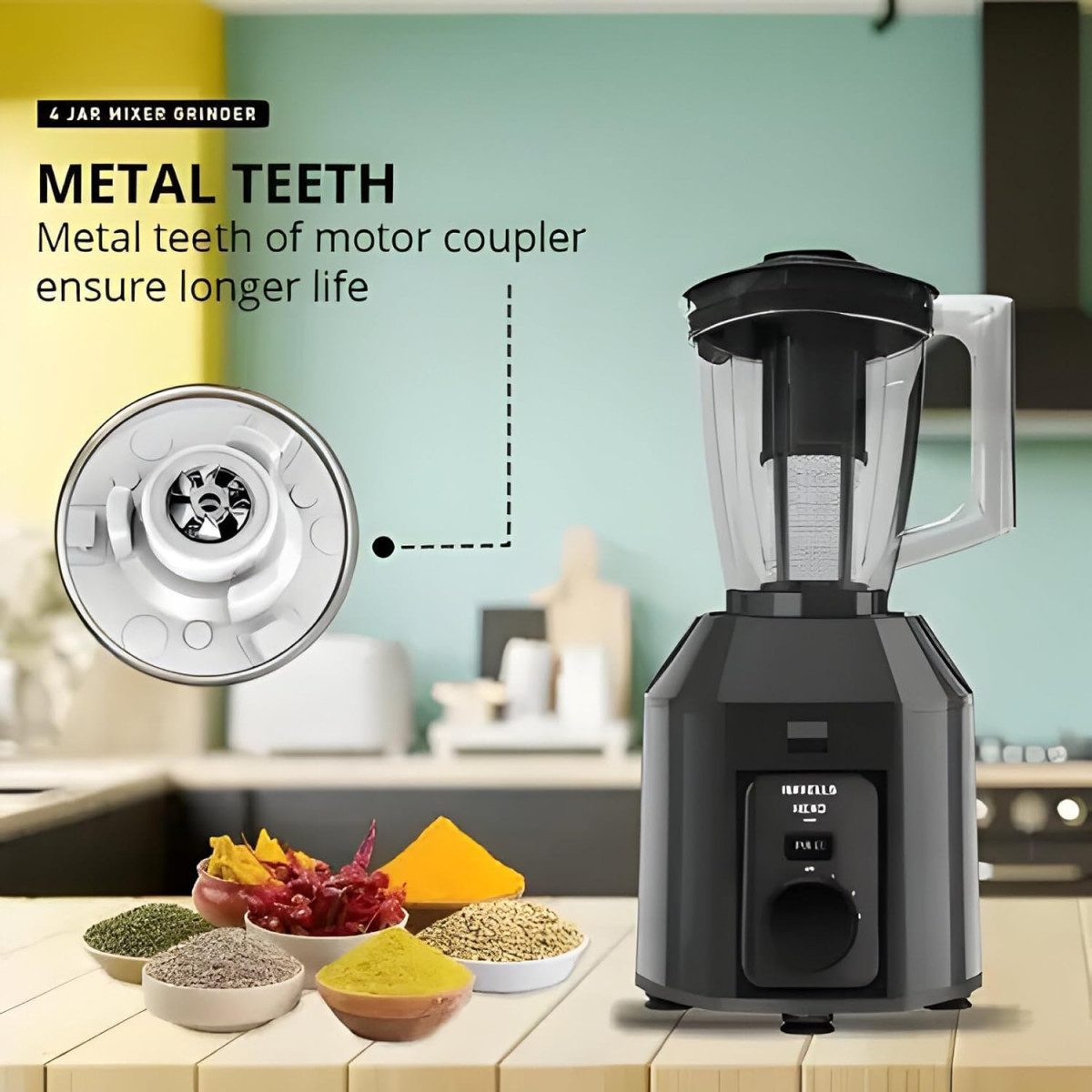 Havells Hexo Plus 1100 watts 4 Jar Mixer Grinder I 25 Kg Double Ball Bearing Copper Motor I 22000 RPM I 100 Minutes Run Time I Metal Teeth Coupler  Jar Base IPolycarbonate Jar Lids with Lock