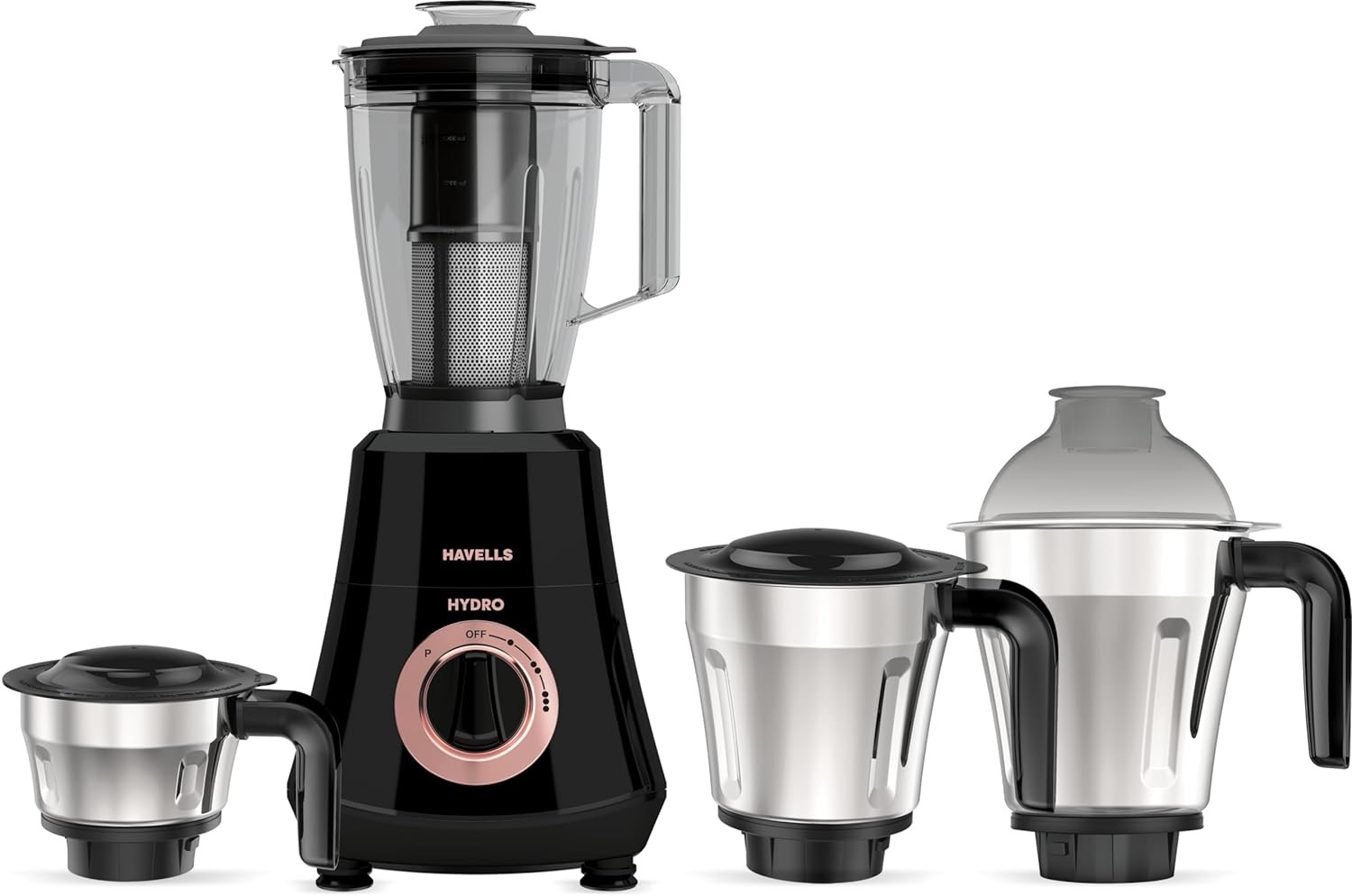 Havells Hydro Plus 1000 watt 4 Jar Mixer Grinder with Ball Bearing Motor 22000 RPM Wider mouth Stainless Steel Jar Hands Free operation SS-304 Grade Blade  5 year motor warranty
