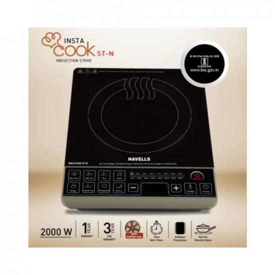 Havells Insta Cook ST-N Energy Efficent Induction Black 2000 Watt with 9 Cooking Option Digital LED Dispay Auto Pan Detection Sensor  Copper Coil with 3 Year Warranty