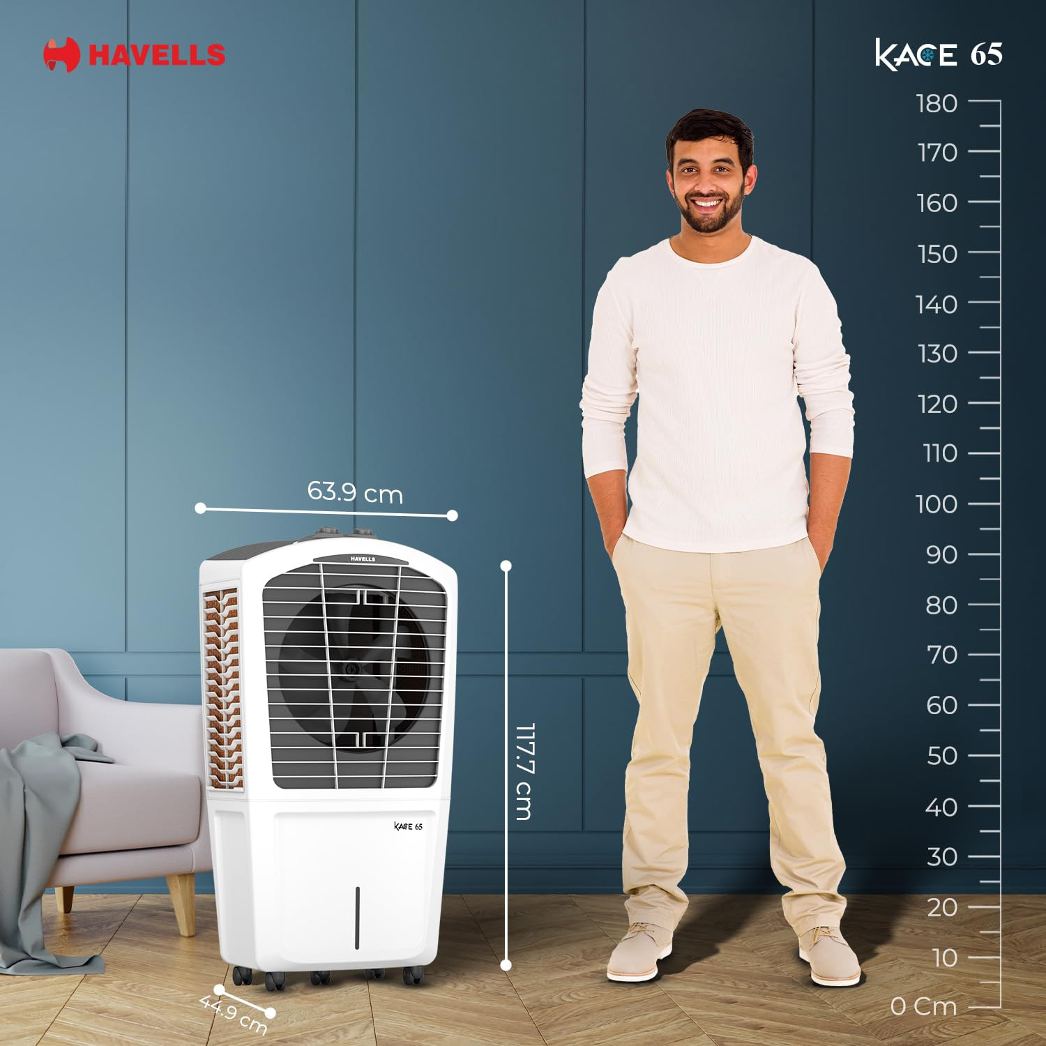 Havells Kace 65 L Desert Air Cooler for Home Powerful Air-DeliveryBacteria Shield Honeycomb Pads Technology XXL Ice Chamber Ice Chill Drip Technology  Inverter compatibleFront wheels with brakes