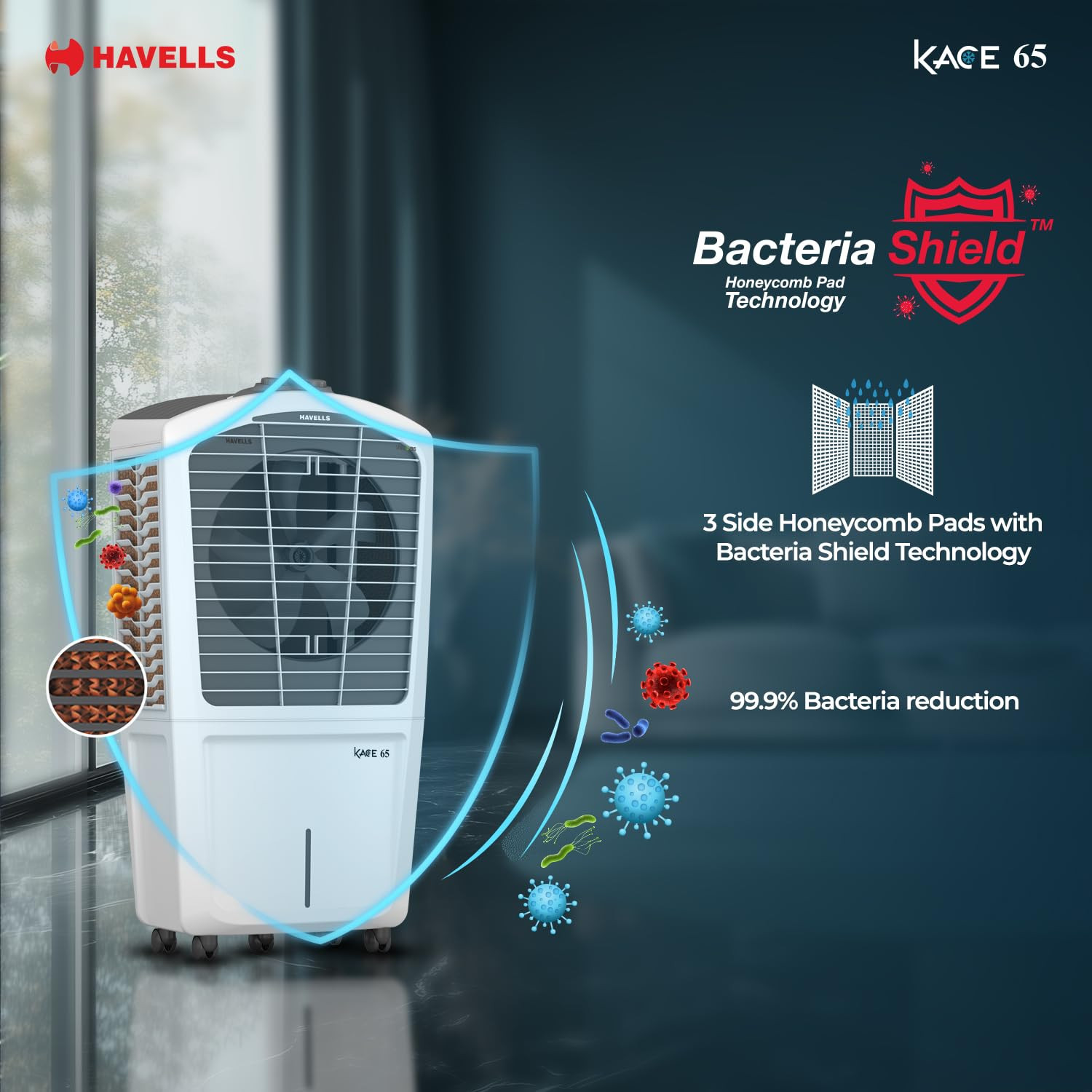 Havells Kace 65 L Desert Air Cooler for Home Powerful Air-DeliveryBacteria Shield Honeycomb Pads Technology XXL Ice Chamber Ice Chill Drip Technology  Inverter compatibleFront wheels with brakes