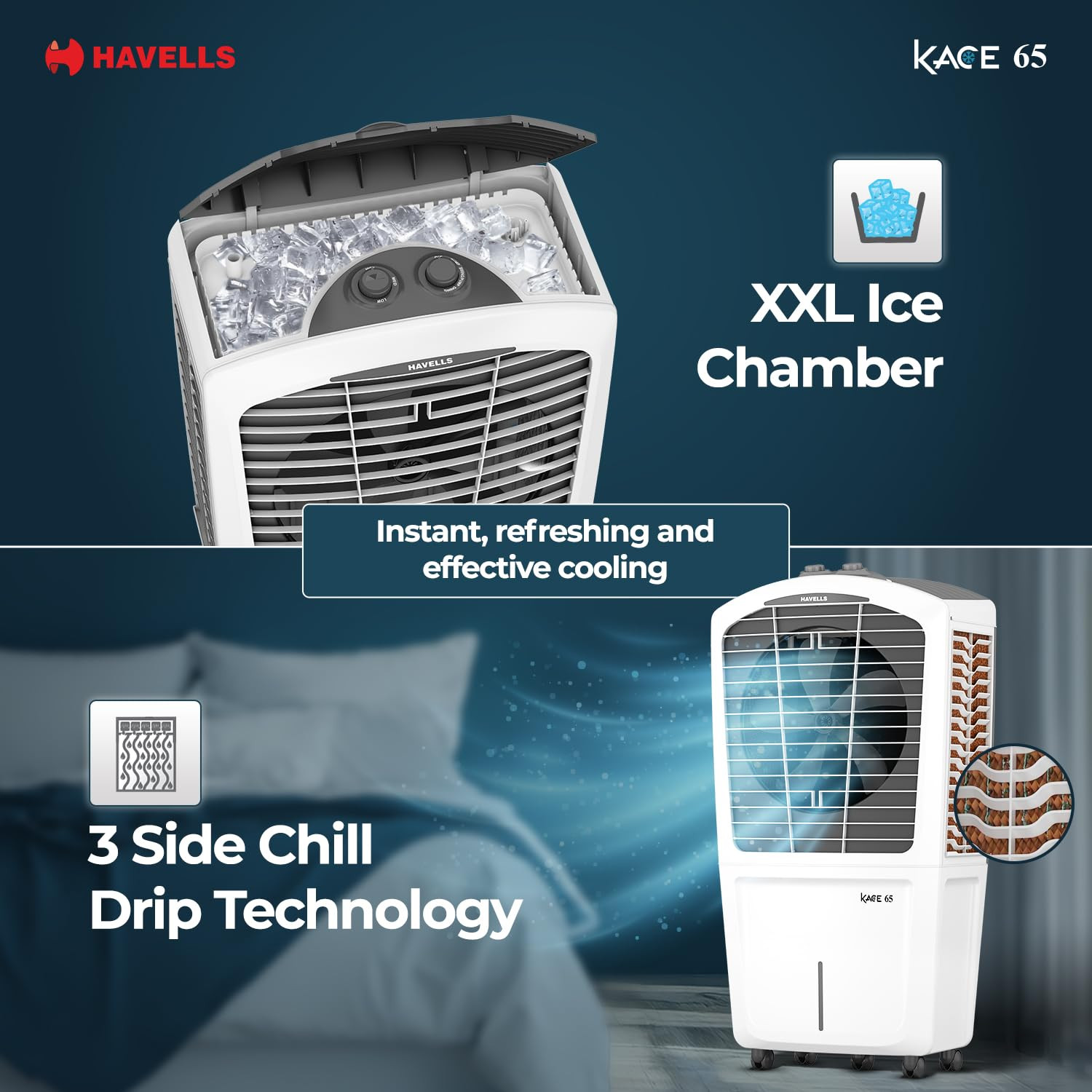 Havells Kace 65 L Desert Air Cooler for Home Powerful Air-DeliveryBacteria Shield Honeycomb Pads Technology XXL Ice Chamber Ice Chill Drip Technology  Inverter compatibleFront wheels with brakes