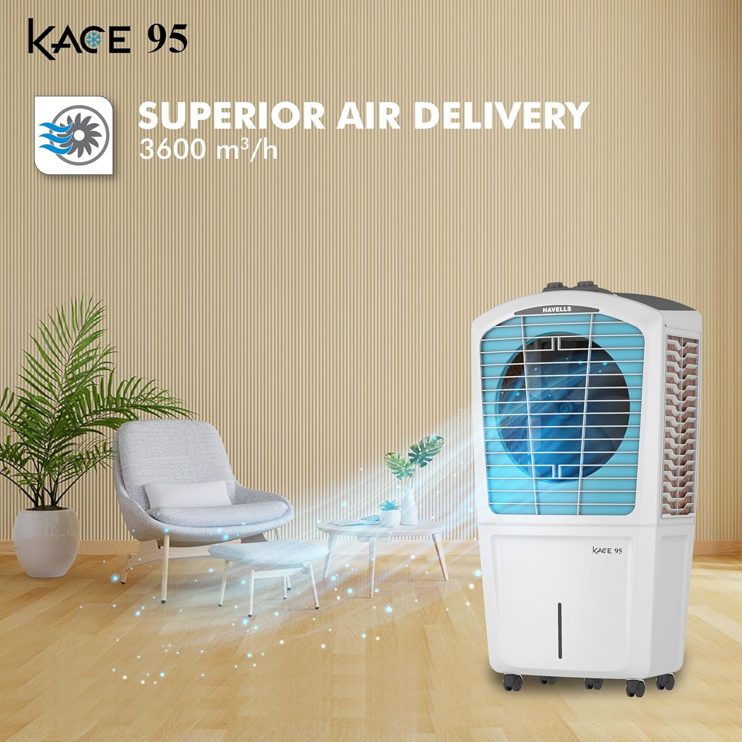 Havells Kace 95L Desert Air Cooler for home  Powerful Air Delivery  High Density Honeycomb Pads  Ice Chill Drip Technology Ice Chamber  Bacteria Shield  Heavy Duty WhiteBlue