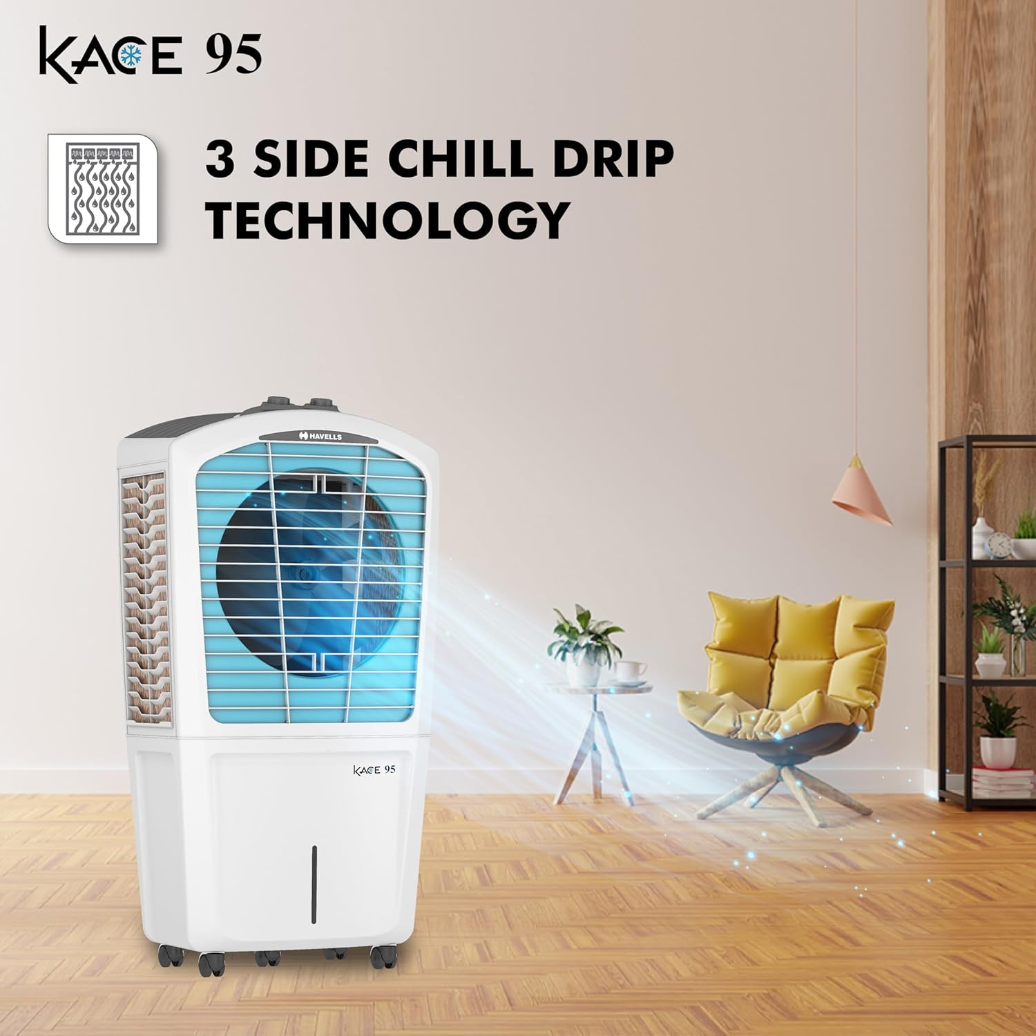 Havells Kace 95L Desert Air Cooler for home  Powerful Air Delivery  High Density Honeycomb Pads  Ice Chill Drip Technology Ice Chamber  Bacteria Shield  Heavy Duty WhiteBlue