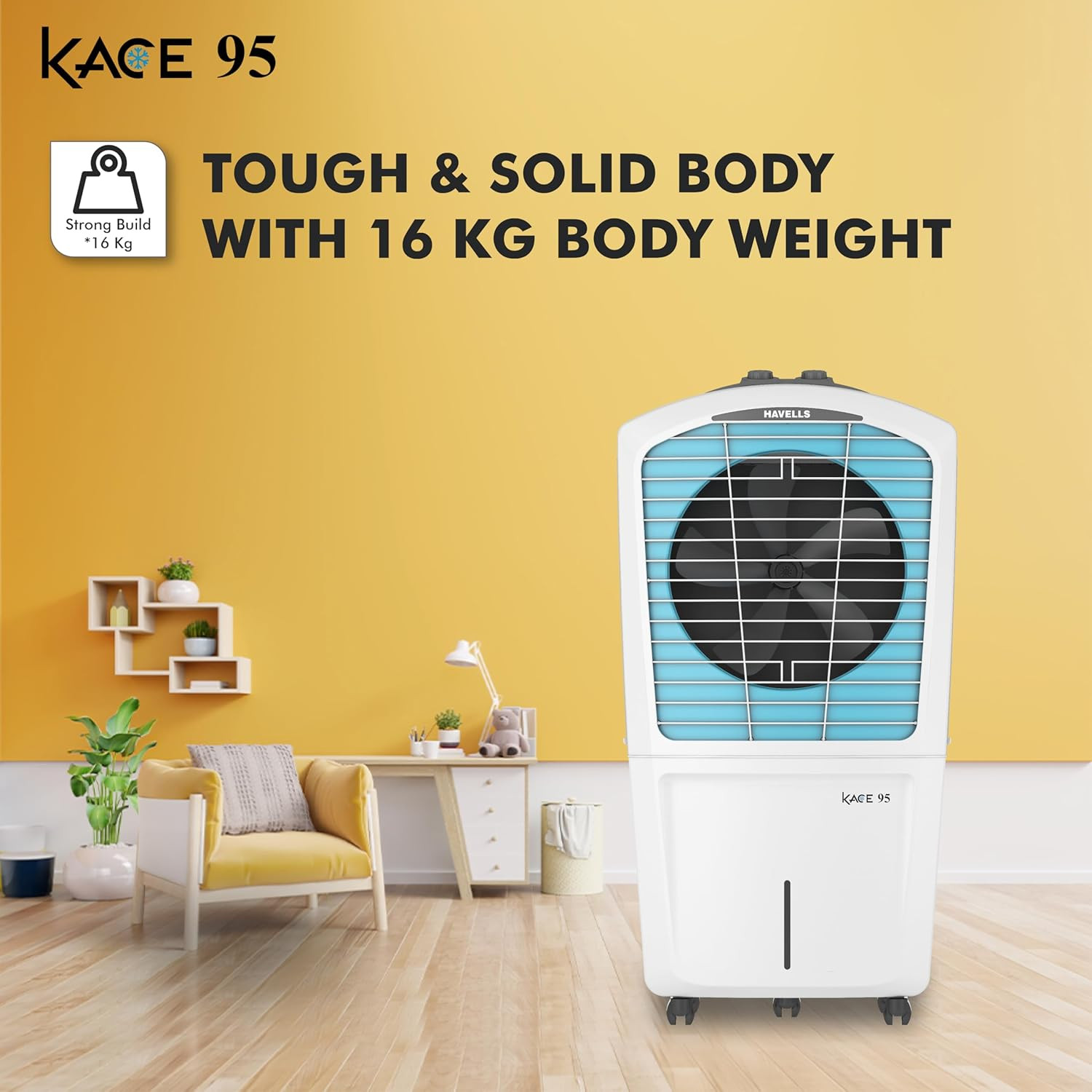 Havells Kace 95L Desert Air Cooler for home  Powerful Air Delivery  High Density Honeycomb Pads  Ice Chill Drip Technology Ice Chamber  Bacteria Shield  Heavy Duty WhiteBlue