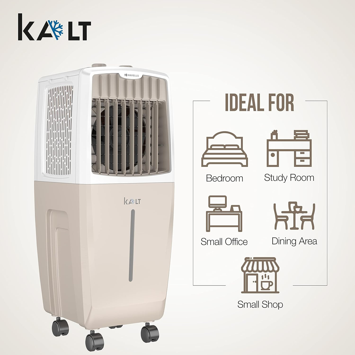 Havells Kalt 24L Personal Air Cooler for home  Powerful Air Delivery  Low Noise Knob Panel  Everlast Pump  4 Way Air Deflection  High Density Honeycomb Pads  Heavy Duty WhiteChampagne Gold