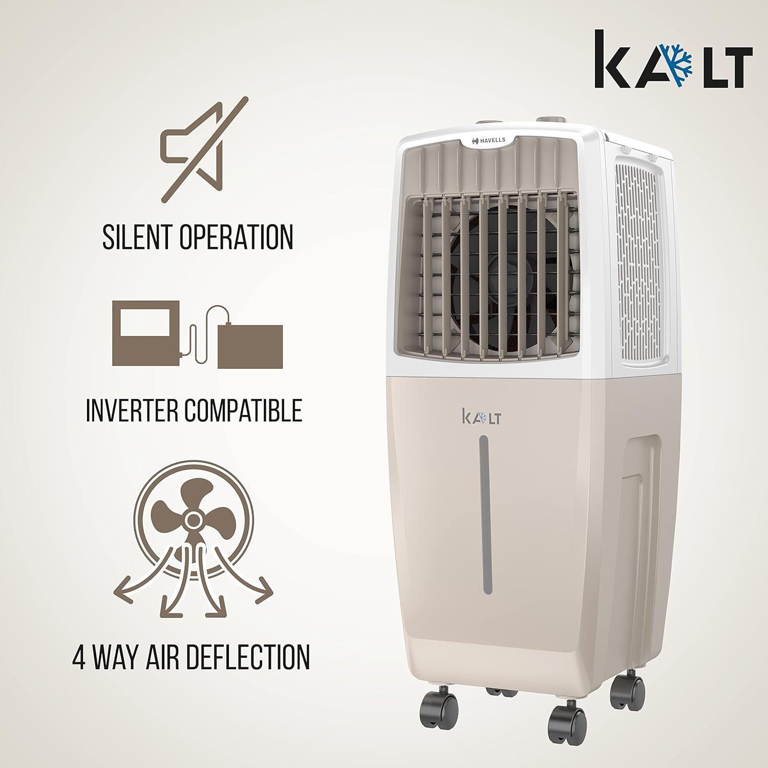 Havells Kalt 24L Personal Air Cooler for home  Powerful Air Delivery  Low Noise Knob Panel  Everlast Pump  4 Way Air Deflection  High Density Honeycomb Pads  Heavy Duty WhiteChampagne Gold