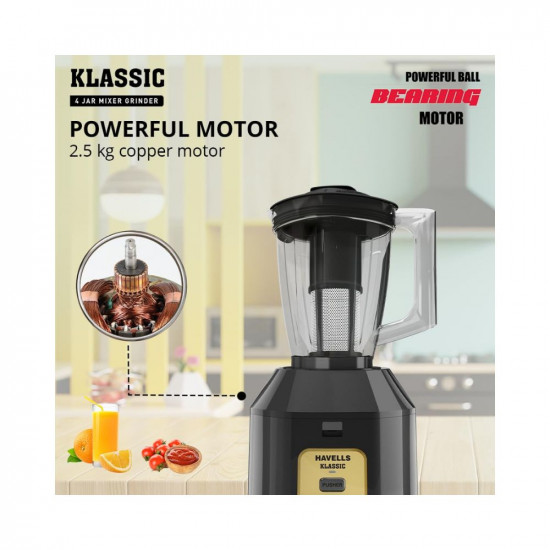 Havells Klassic 1000 watts 4 Jar Mixer Grinder I 25 Kg Double Ball Bearing Copper Motor I 22000 RPM I 100 Minutes Run Time I Metal Teeth Coupler  Jar Base I Polycarbonate Jar Lids with Lock Grey