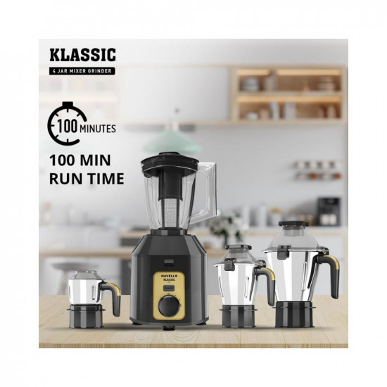 Havells Klassic 1000 watts 4 Jar Mixer Grinder I 25 Kg Double Ball Bearing Copper Motor I 22000 RPM I 100 Minutes Run Time I Metal Teeth Coupler  Jar Base I Polycarbonate Jar Lids with Lock Grey