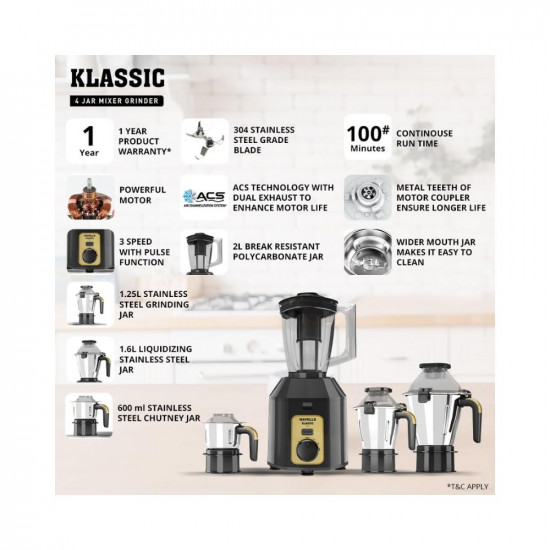 Havells Klassic 1000 watts 4 Jar Mixer Grinder I 25 Kg Double Ball Bearing Copper Motor I 22000 RPM I 100 Minutes Run Time I Metal Teeth Coupler  Jar Base I Polycarbonate Jar Lids with Lock Grey