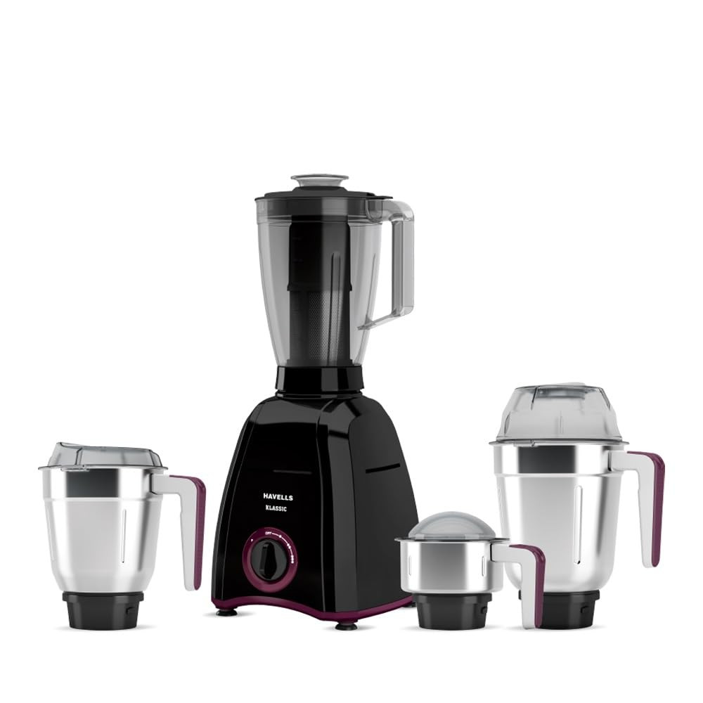 Havells Klassic 750 Watt 4 Jar Mixer Grinder 21000 RPM Heavy Duty Universal Motor 304 SS Blades Large Size Break Resistant JarLids With Twist  Lock Mechanism- Black