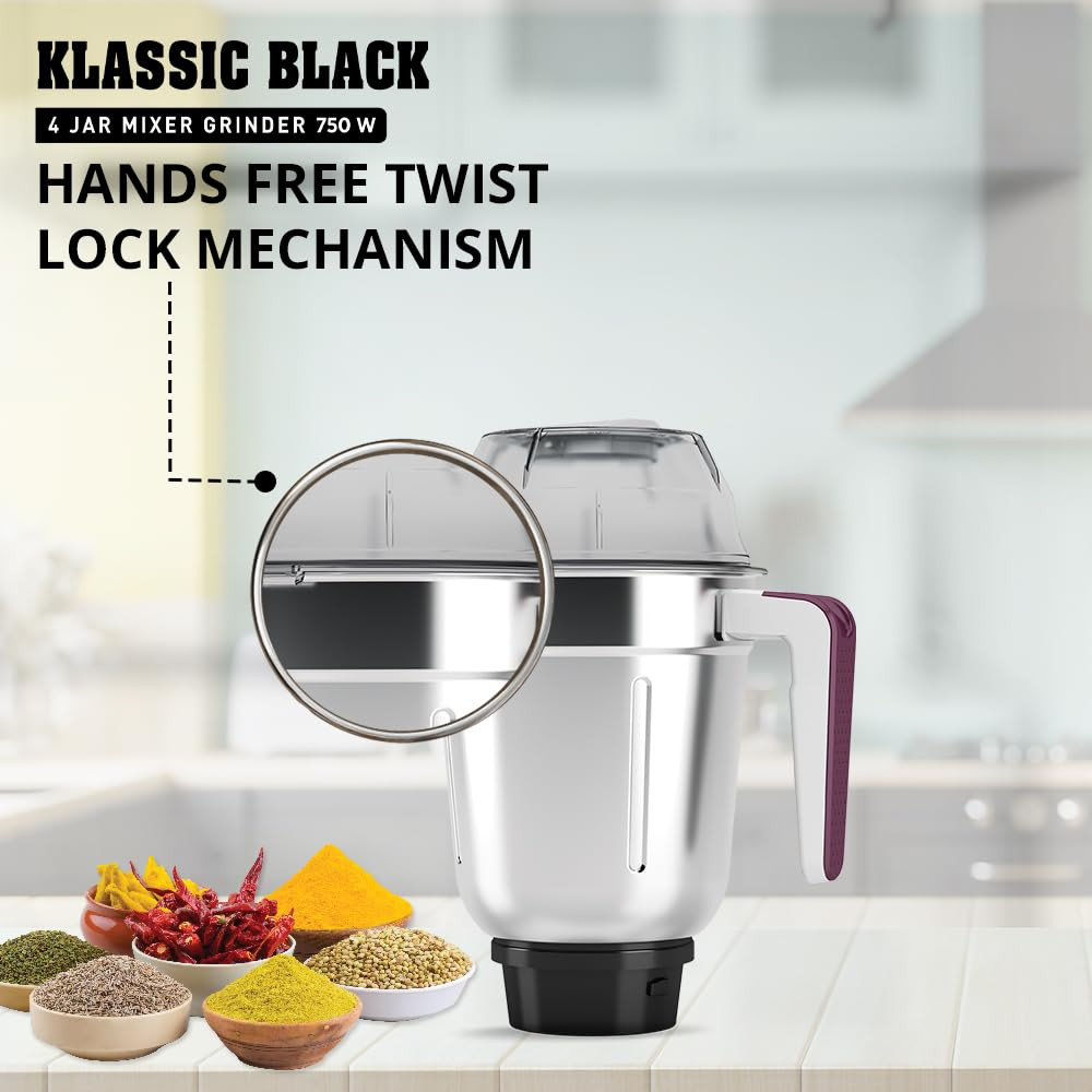 Havells Klassic 750 Watt 4 Jar Mixer Grinder 21000 RPM Heavy Duty Universal Motor 304 SS Blades Large Size Break Resistant JarLids With Twist  Lock Mechanism- Black