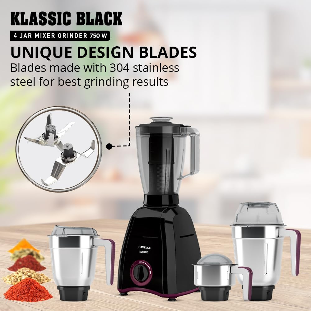 Havells Klassic 750 Watt 4 Jar Mixer Grinder 21000 RPM Heavy Duty Universal Motor 304 SS Blades Large Size Break Resistant JarLids With Twist  Lock Mechanism- Black