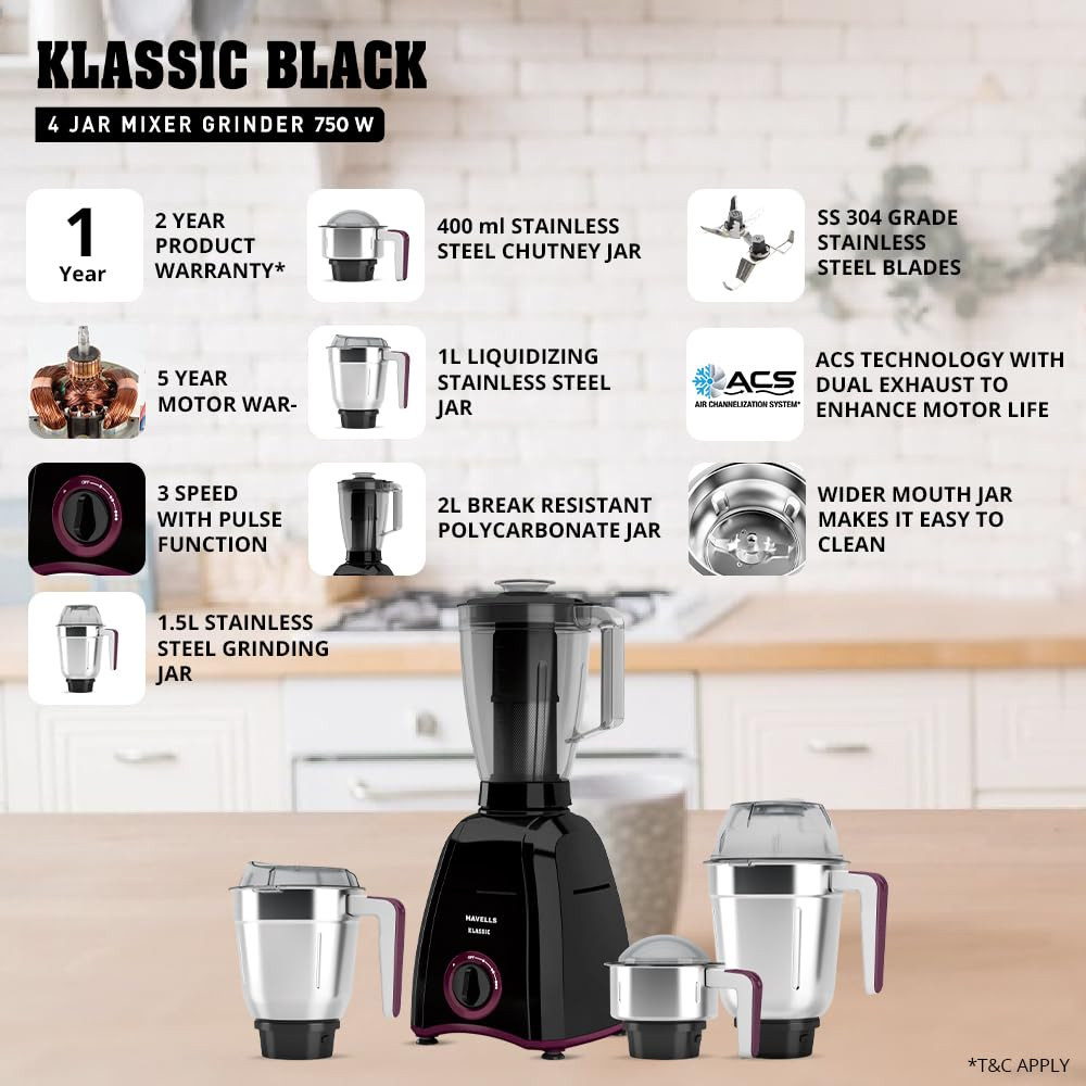 Havells Klassic 750 Watt 4 Jar Mixer Grinder 21000 RPM Heavy Duty Universal Motor 304 SS Blades Large Size Break Resistant JarLids With Twist  Lock Mechanism- Black