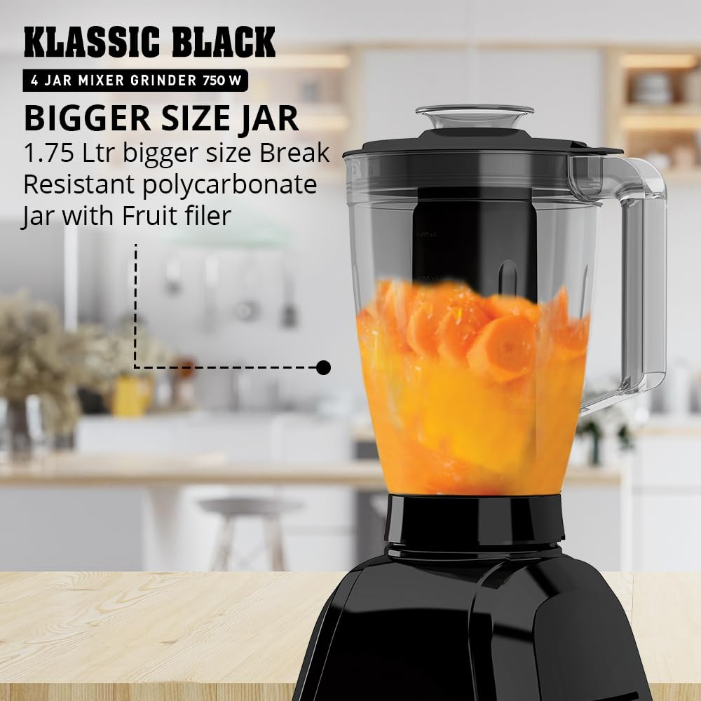 Havells Klassic 750 Watt 4 Jar Mixer Grinder 21000 RPM Heavy Duty Universal Motor 304 SS Blades Large Size Break Resistant JarLids With Twist  Lock Mechanism- Black