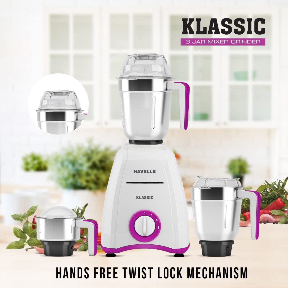 Havells Klassic 750 watts 3 Jar Mixer Grinder with 304 SS Blades Large Size SS Jars Break Resistant Polycarbonate Transparent Jar Lids With Twist  Lock Mechanism