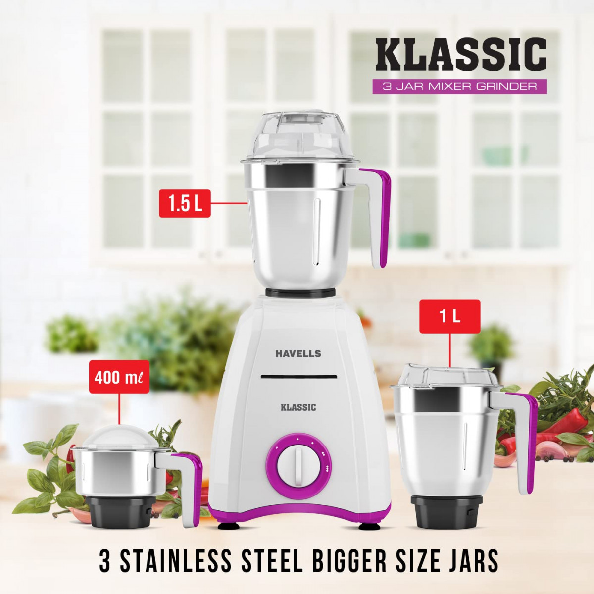 Havells Klassic 750 watts 3 Jar Mixer Grinder with 304 SS Blades Large Size SS Jars Break Resistant Polycarbonate Transparent Jar Lids With Twist  Lock Mechanism