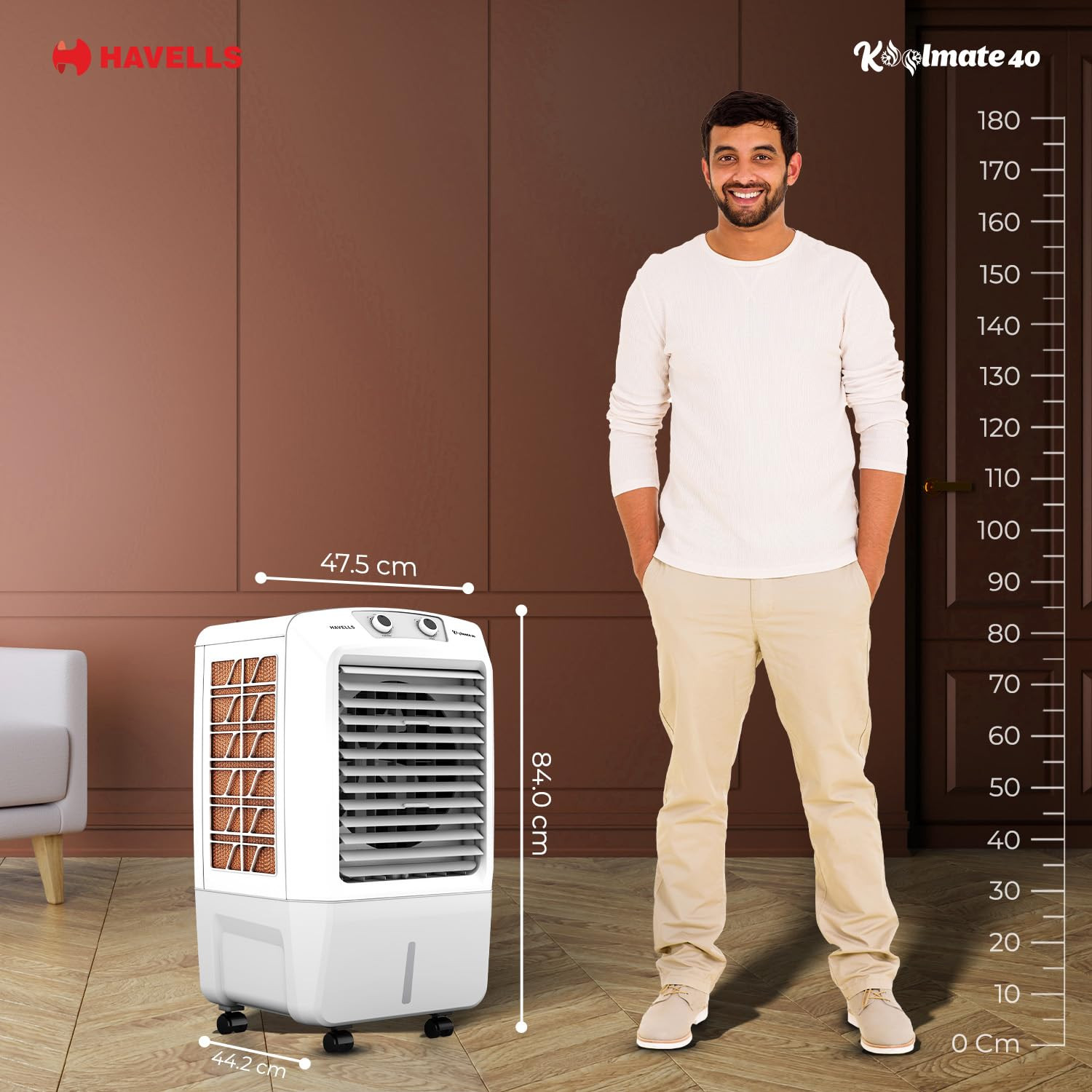 Havells Koolmate 40 L Desert Air Cooler for Home Powerful Air-DeliveryBacteria Shield Honeycomb Pads Technology Large Ice Chamber Ice Chill Drip Technology 4 N Castor wheel White Grey