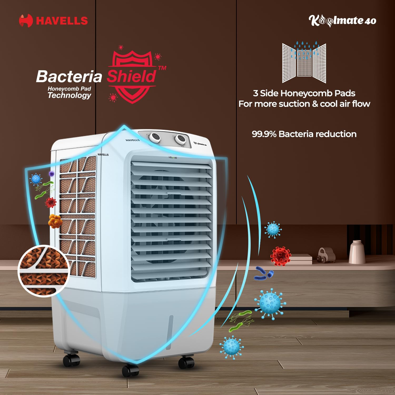 Havells Koolmate 40 L Desert Air Cooler for Home Powerful Air-DeliveryBacteria Shield Honeycomb Pads Technology Large Ice Chamber Ice Chill Drip Technology 4 N Castor wheel White Grey