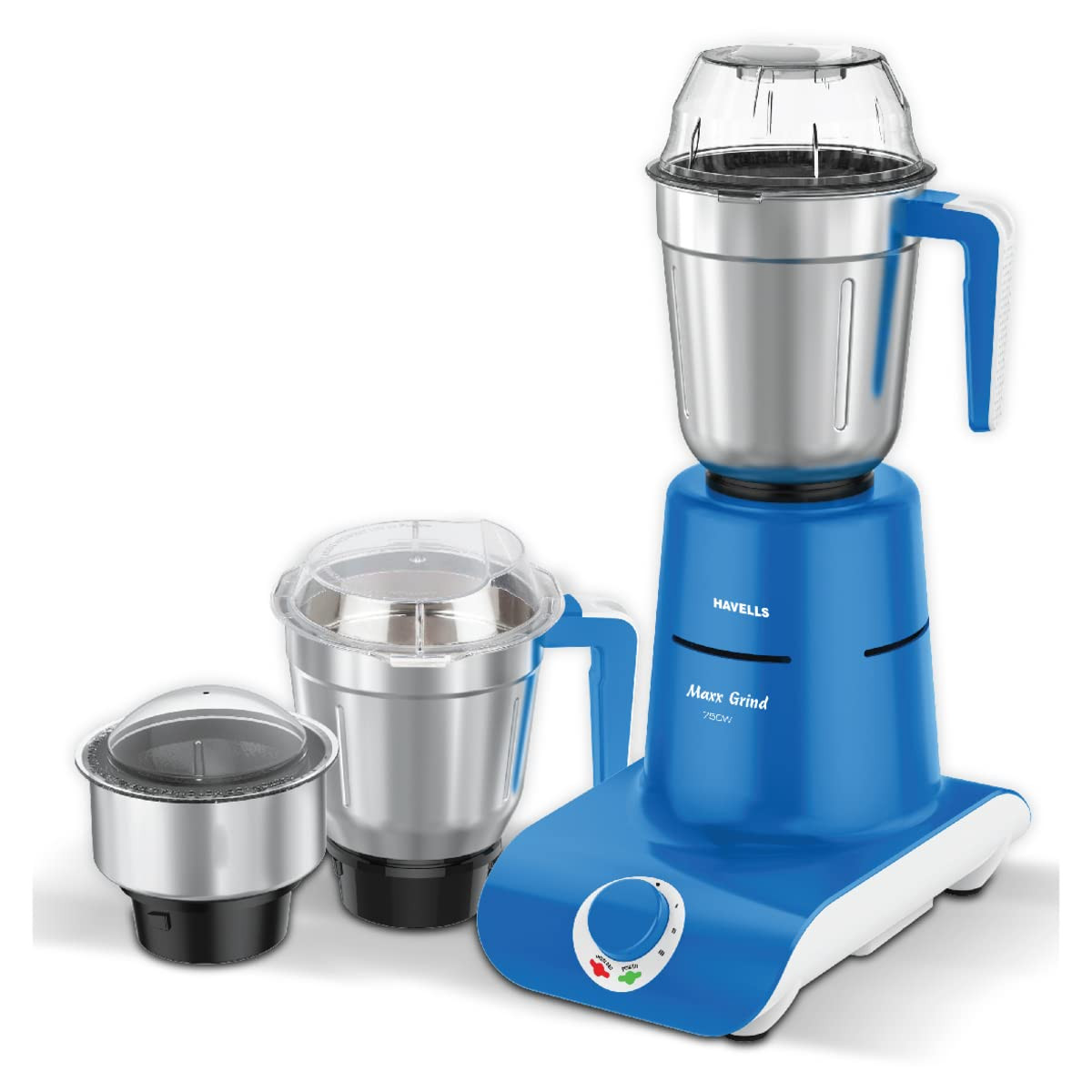 Havells Maxx Grind 750 watt Mixer Grinder with 3 Wider Mouth Stainless Steel Jar Hands Free Operation SS-304 Grade Blade Overload Indicator  5 Year Motor Warranty Blue