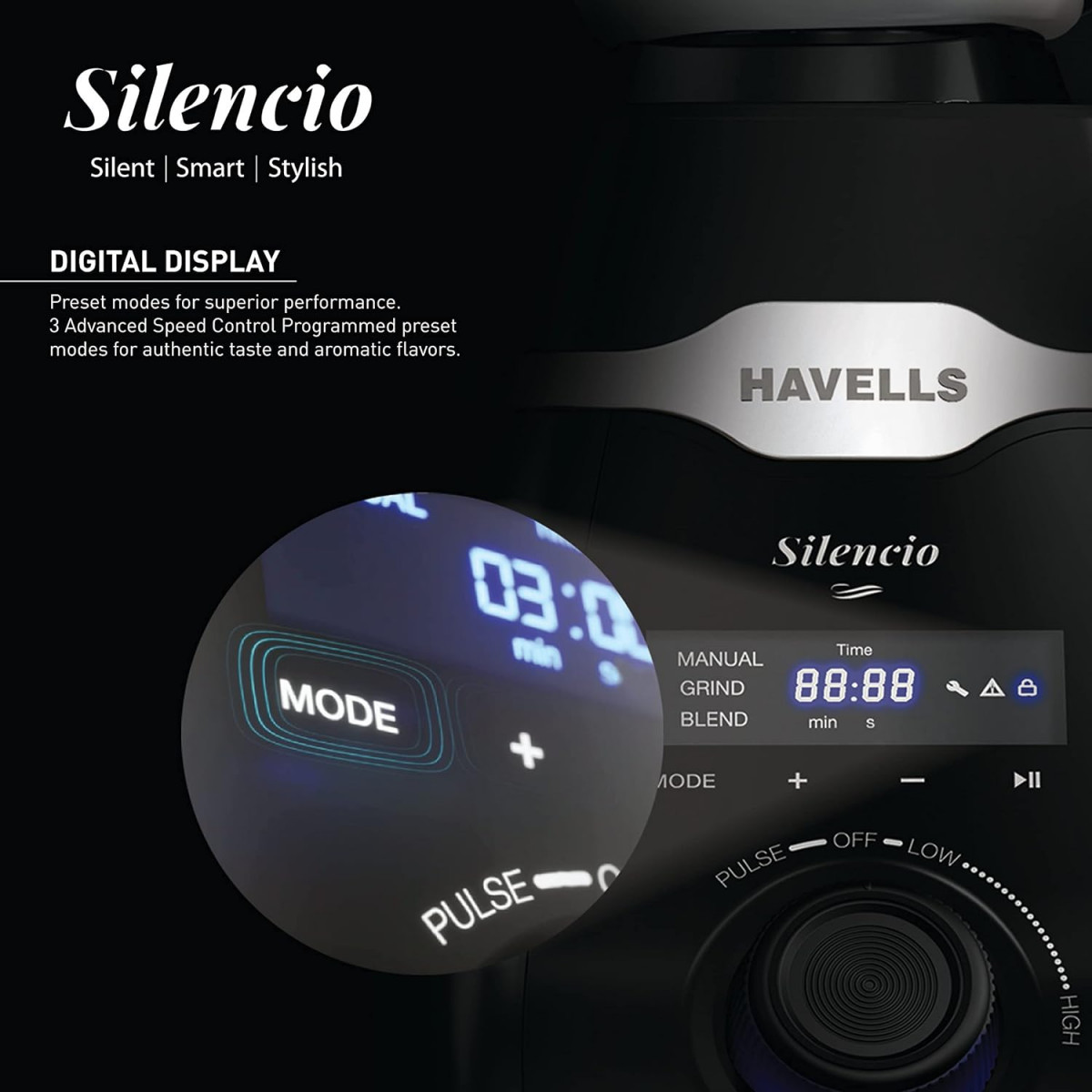 Havells Mixer Grinder Silencio  Powerful HVDC Motor Hands Free Operation  Triple Safety Protection  Double Layered Jars  Smart Digital Control  5 Year Motor Warranty  3 Jar Black