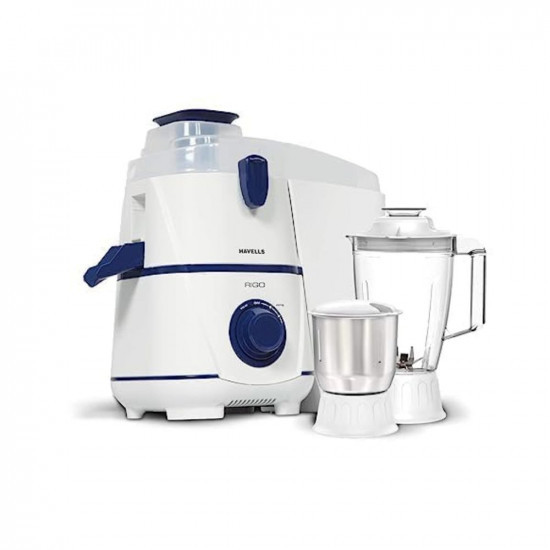 Havells Rigo Juicer Mixer Grinder 500 Watt 2 Jars175 polycarbonate jar2L large pulp containerfoldable juicing spoutfood pusherstainless steel Sieve and Blades White and Blue
