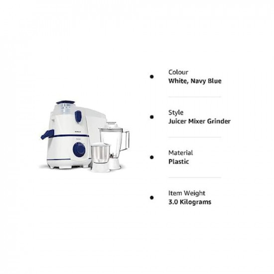 Havells Rigo Juicer Mixer Grinder 500 Watt 2 Jars175 polycarbonate jar2L large pulp containerfoldable juicing spoutfood pusherstainless steel Sieve and Blades White and Blue