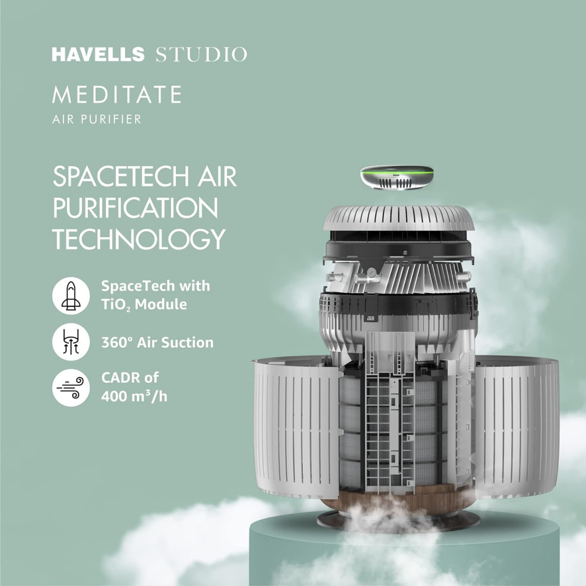 Havells Studio Meditate AP 400 Air purifier with SpaceTech Air Purification Technology with TiO2 module & Integrated H14 HEPA filter (Silver Satin)