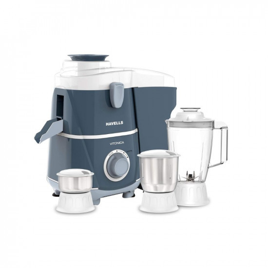 Havells Vitonica 500W Juicer Mixer Grinder with 3 Stainless Steel Jar Large Size Pulp ContainerFoldable Juicing Spout 2 Yr Product Warranty  5 Yr Motor warranty White  Blue