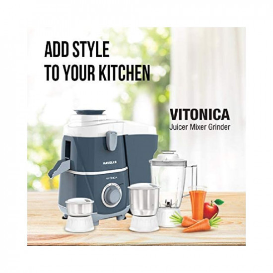 Havells Vitonica 500W Juicer Mixer Grinder with 3 Stainless Steel Jar Large Size Pulp ContainerFoldable Juicing Spout 2 Yr Product Warranty  5 Yr Motor warranty White  Blue