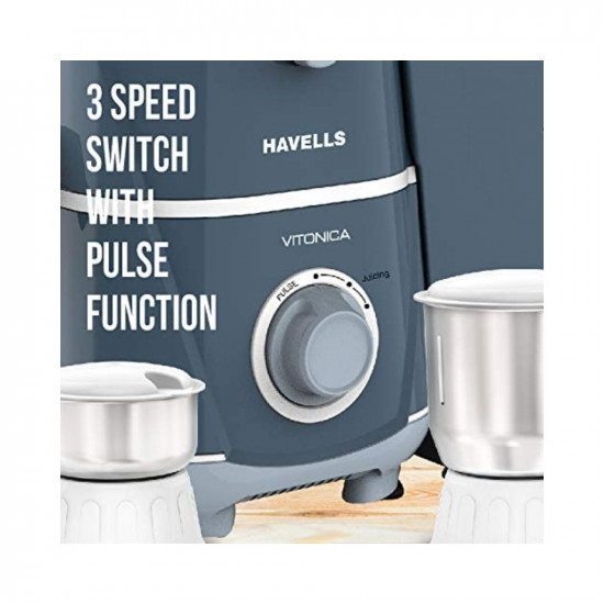 Havells Vitonica 500W Juicer Mixer Grinder with 3 Stainless Steel Jar Large Size Pulp ContainerFoldable Juicing Spout 2 Yr Product Warranty  5 Yr Motor warranty White  Blue