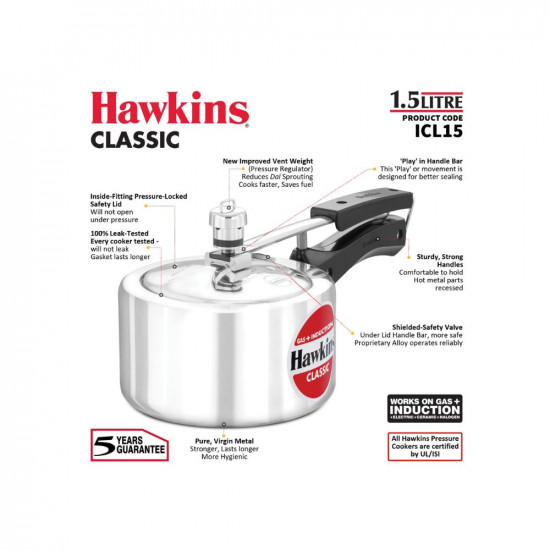 Hawkins 15 Litre Classic Aluminium Pressure Cooker Induction Inner Lid Cooker Pan Cooker Best Cooker Silver ICL15
