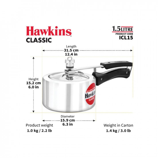 Hawkins 15 Litre Classic Aluminium Pressure Cooker Induction Inner Lid Cooker Pan Cooker Best Cooker Silver ICL15