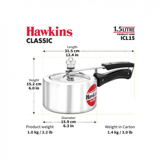 Hawkins 1.5 Litre Classic Aluminium Pressure Cooker, Induction Inner Lid Cooker, Pan Cooker, Best Cooker, Silver (ICL15)