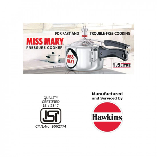 Hawkins 15 Litre Miss Mary Aluminium Pressure Cooker Small Inner Lid Cooker Silver MM15