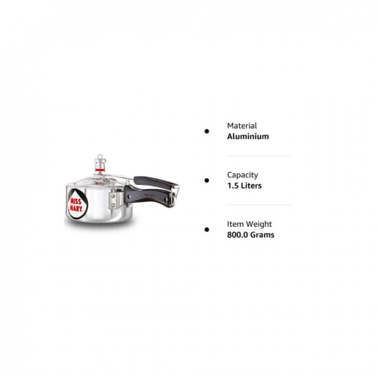 Hawkins 15 Litre Miss Mary Aluminium Pressure Cooker Small Inner Lid Cooker Silver MM15